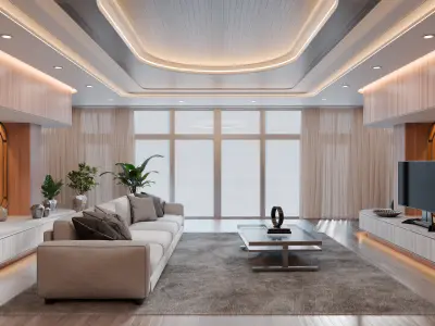 Modern Curved Wooden Living Room 3D model