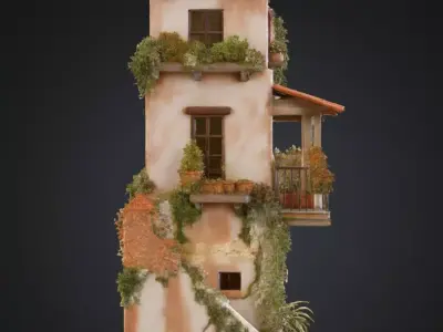 Mediterranean Two Story Villa with Flowers Ivy Game Ready Asset Low-poly 3D model