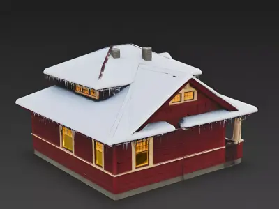 Cozy Red Winter Craftsman Bungalow 3D Model Low-poly 3D model