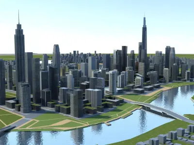 City 1 with skyscrapers and river 3D model