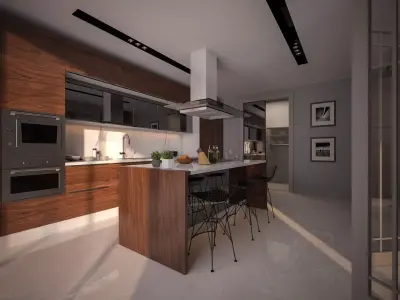 kitchen  living room and doorway design 3 in 1 Low-poly 3D model