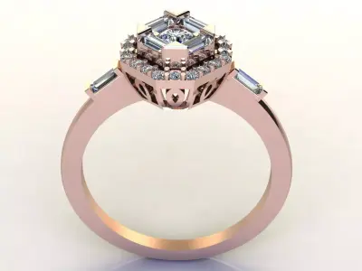 Art Deco Halo Diamond Ring with Baguette Cut 3D print model