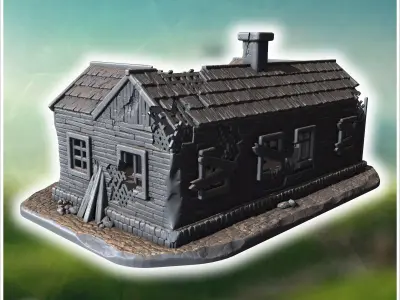 Single-story wooden house with broken windows damaged walls and  3D print model