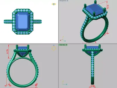 Emerald Halo Ring with pave diamond setting on the band 3D print model