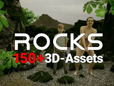 Boy and Big Sharp Moss Rocks 3D Model Pack