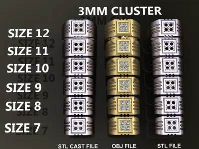 Signet Ring Square 4 Stone Cluster Mix Size Band Size 7-12 3D print model