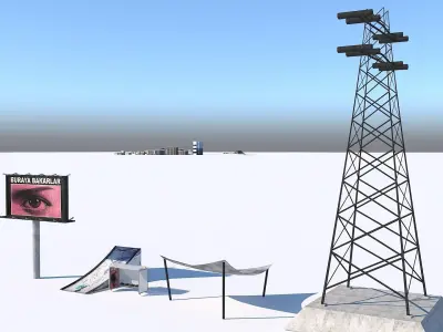 City Kit Bus Stop Ramp Electric Poles Models Package Low-poly 3D model