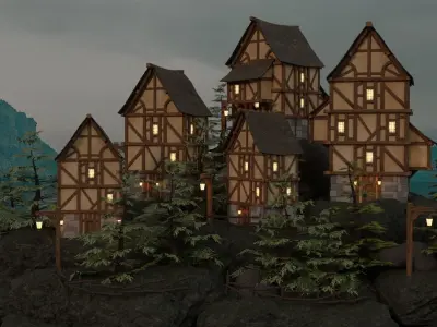 Village modular houses and surroundings Low Poly Free low-poly 3D model