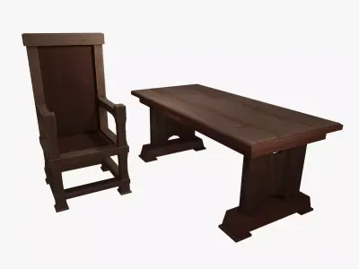 Dark Wood Table and Chair- Handpainted Low-poly 3D model