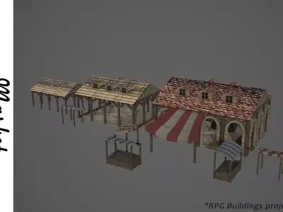 Market old building with roof Low-poly 3D model