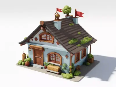 Cute Cartoon House 3D Whimsical Blue Cottage Red Flags Low-poly 3D model
