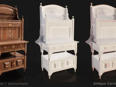 Antique Carved Walnut Desk - Optimized for Games and animations  Low-poly 3D model