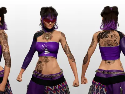 Asian Realistic Tattooed Female Character Game Ready Low-poly 3D model