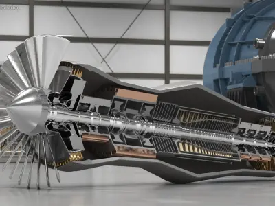  Rotor and Shaft Jet Engine Turbine in Cutaway 