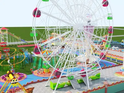 Cartoon colorful childrens theme park many amusement equipment Low-poly 3D model