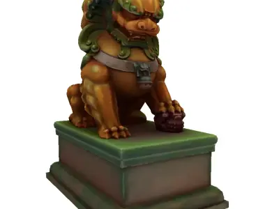 Japan PBR Lion Statue and printable Low-poly 3D model