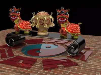Chinese Lion Dance Figure with Ancient Bronze Seismoscope Low-poly 3D model