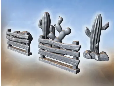Three cactus arrangements with wooden fences including barrel pr 3D print model