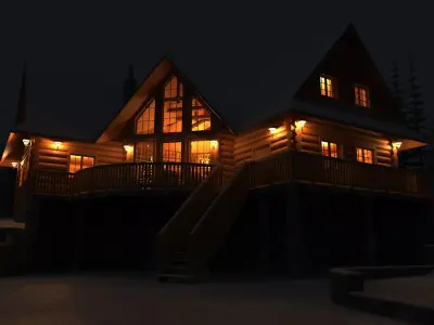 Log House with garage Winter scene 3D model