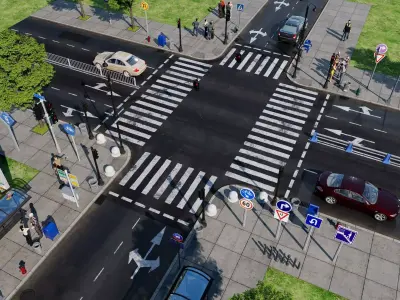 City street intersection scene   road section Low-poly 3D model