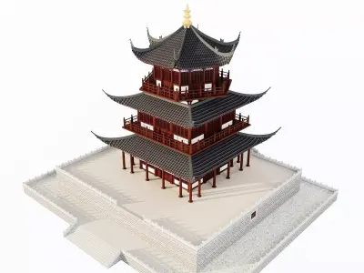 Ancient Japan Pavilion Tower on Stone Terrace 3D model