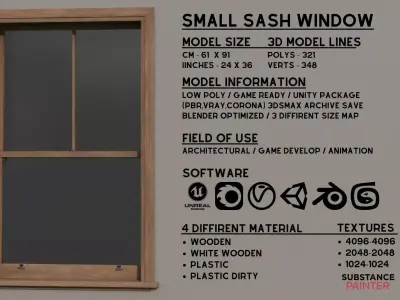 Small Sash Window Low Poly Game Ready PBR 4 Color Variants Low-poly 3D model
