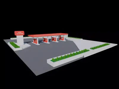 Stylized Gas Station Environment with Fuel Pumps and Canopy Low-poly 3D model