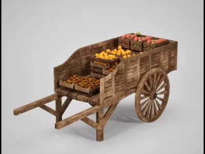 Medieval Market Cart with Fruit Crates  Game Ready 3D Asset Low-poly 3D model