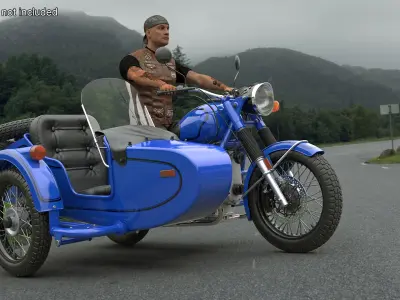  Biker on Retro Classic Blue Motorcycle with Sidecar 