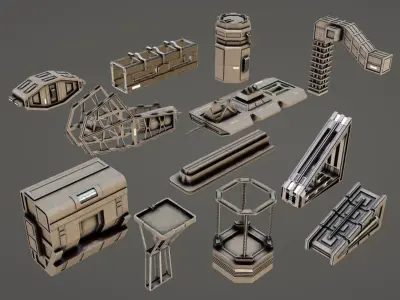 Sci-Fi Kitbash Building Dressing Pack 12 Low Poly 3D Models Low-poly 3D model