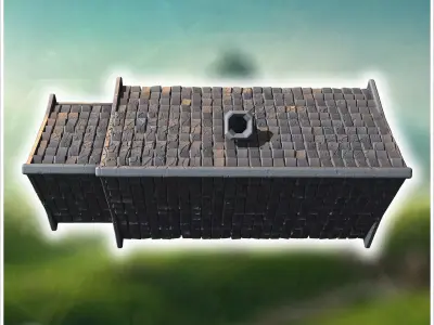 Timber-framed house with a wooden balcony decorative beams and a 3D print model