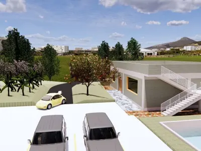 Resort house with swimming pool and parking and garden in Revit 3D model