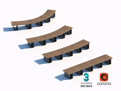 Curved and Straight Wooden Bench Set 3D model
