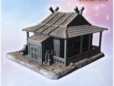 Single-story house with wide roof intricate lattice windows and  3D print model