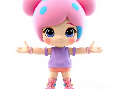 Cute PinkHaired Character Model Rigged and Animated Low-poly 3D model