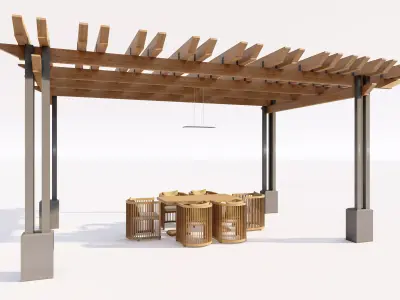 Modern Wood Pergola with Metal Supports and Dining Set Low-poly 3D model