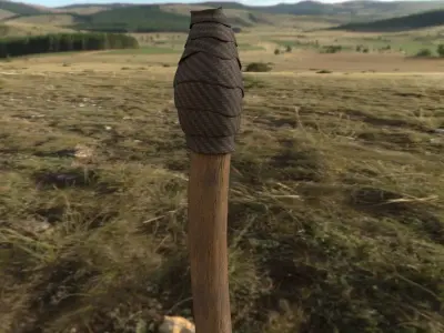 Torch wooden spear in middle of grassy field Low-poly 3D model