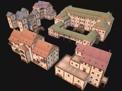 Set of Medieval City High-Rise Buildings Low-poly 3D model