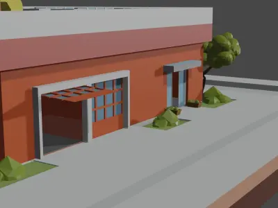 Factory building with chimneys and trees Free low-poly 3D model