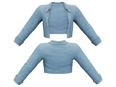 Casual Denim Jacket White Top Skirt Belt Outfit Low-poly 3D model