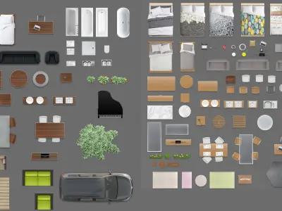 2d furniture floorplan top view PSD 3D model render top plan top 3D model