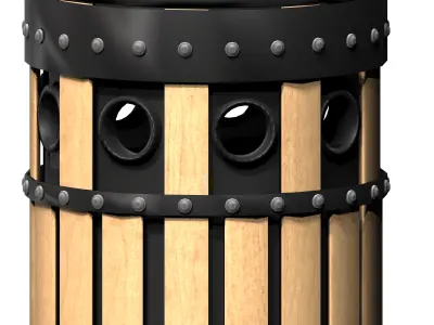 Wooden circular cage type trash can with metal feet Low-poly 3D model