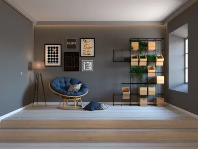 Stairs living room with chair and shelves 3D model