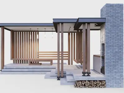 Gazebo with summer kitchen and multi-level roof 3D model