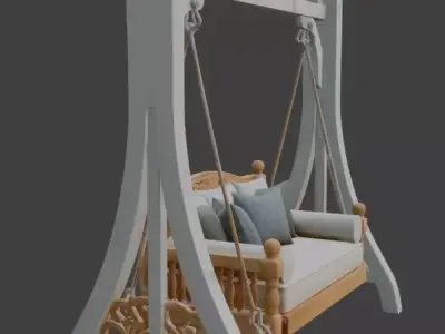 Carved Wooden Hanging Swing with Cushions 3D model