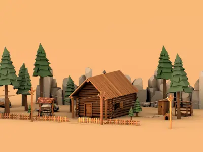 Wooden Log House Pack - Low Poly Stylized Asset Low-poly 3D model