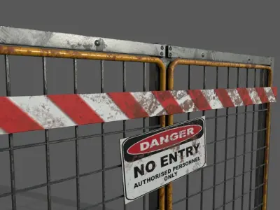 Barricade PBR metal gate with warning sign Low-poly 3D model