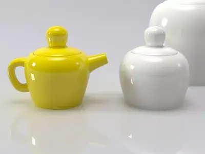 Bulky three teapots and cups on tray 3D model