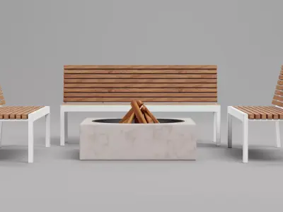 Garden Setup V3 - Wooden Benches with Modern Outdoor Fire Pit Low-poly 3D model
