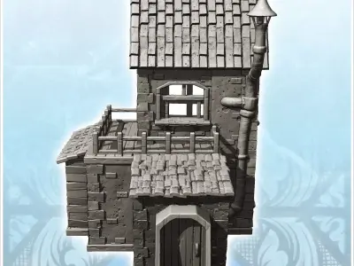 Medieval house with entrance under porch two-storey terrace and  3D print model